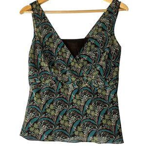Ann Taylor Loft Women's 2P Sheer‎ Blouse Attached Shell V-neck Y2K Floral Brown